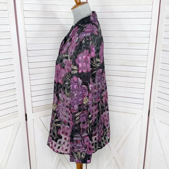 Vintage Notations Sheer Floral Check Shimmer Blouse Black Purple Large - Picture 2 of 11
